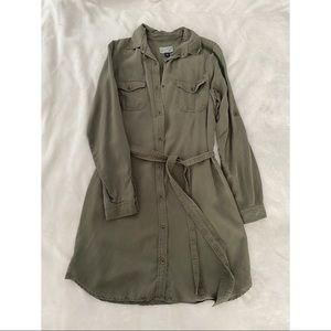 Military Green Button Up Tie Shirt Tunic Dress